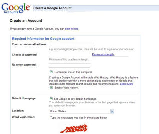 Google Account Sign Up Page